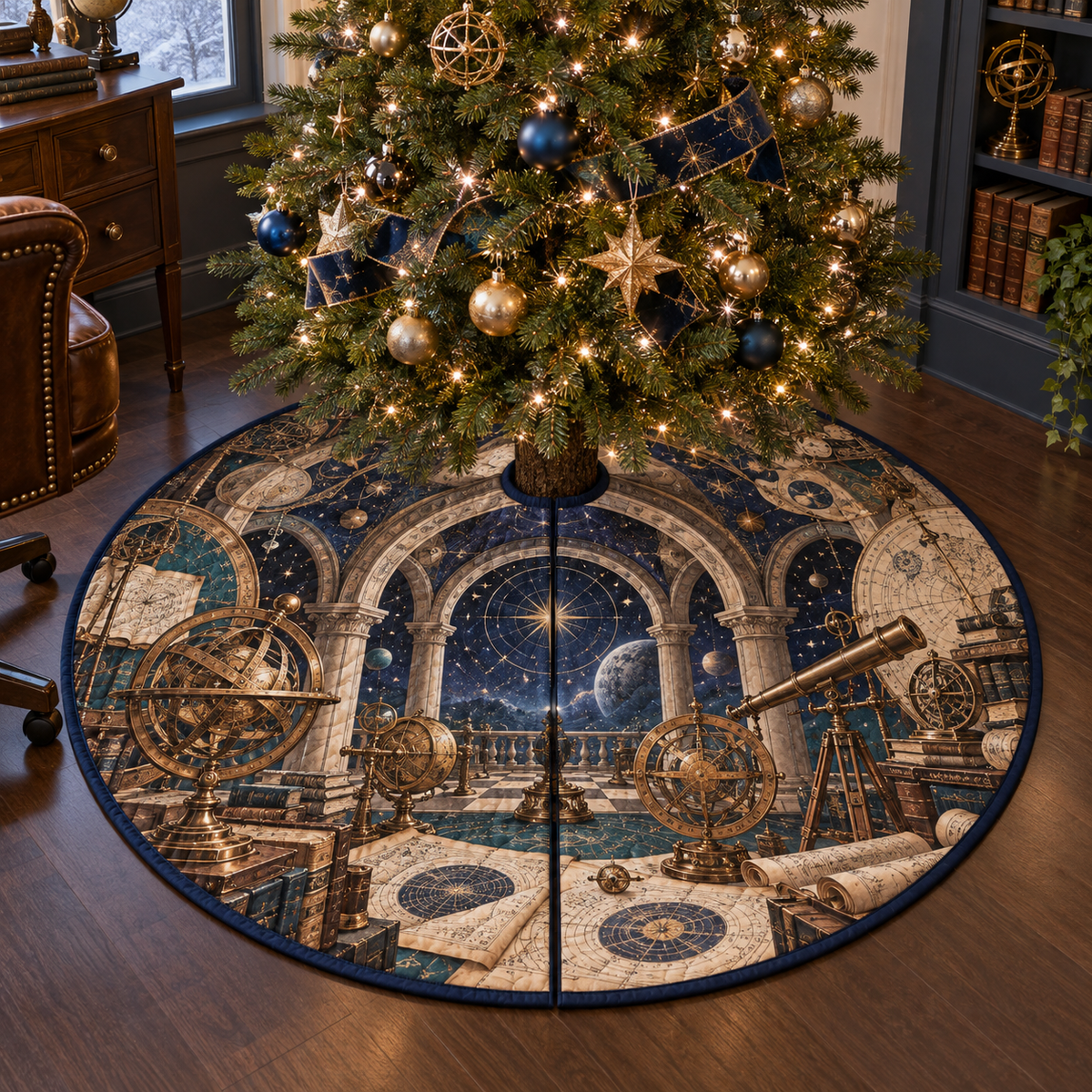 Astronomical Instruments Home Office Christmas Tree Skirt with flat printed optical 3D armillary spheres astrolabes and telescope optics through observatory arches in aged brass navy parchment and teal