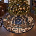 Astronomical Instruments Home Office Christmas Tree Skirt with flat printed optical 3D armillary spheres astrolabes and telescope optics through observatory arches in aged brass navy parchment and teal