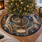 Astronomical Instruments Housewarming Tree Skirt with sample family name printed in optical 3D armillary spheres astrolabes and observatory arches