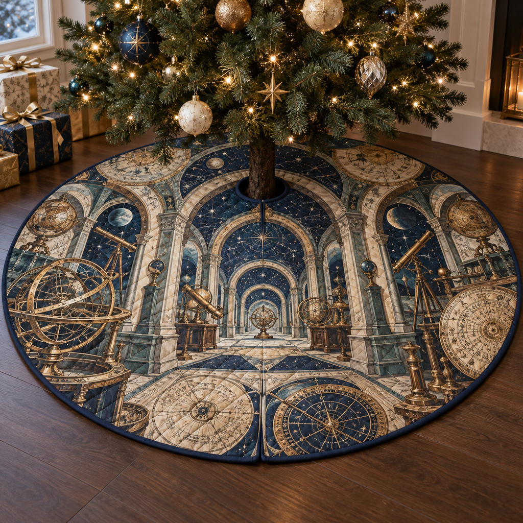 Astronomical Instruments Quiet Corner Tree Skirt with flat printed optical 3D armillary spheres astrolabes and telescope optics through observatory arches in aged brass navy parchment and teal