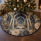 Astronomical Instruments Quiet Corner Tree Skirt with flat printed optical 3D armillary spheres astrolabes and telescope optics through observatory arches in aged brass navy parchment and teal