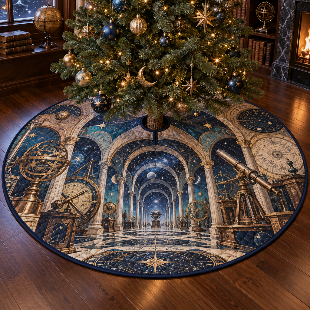 Astronomical Instruments Collector Tree Skirt with flat printed optical 3D armillary spheres astrolabes and telescope optics through observatory arches in aged brass navy parchment and teal