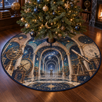 Astronomical Instruments Collector Tree Skirt with flat printed optical 3D armillary spheres astrolabes and telescope optics through observatory arches in aged brass navy parchment and teal
