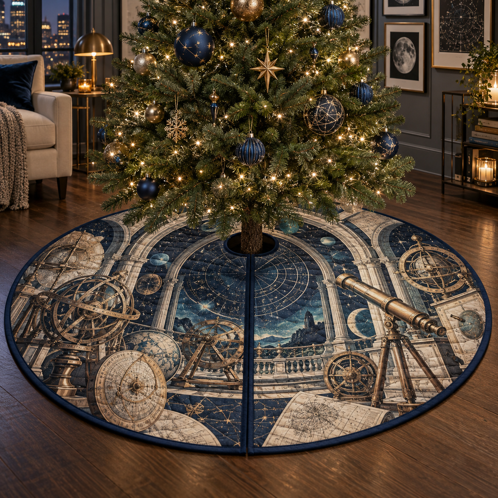 Astronomical Instruments Apartment Gallery Tree Skirt with flat printed optical 3D armillary spheres astrolabes and telescope optics through observatory arches in aged brass navy parchment and teal