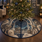 Astronomical Instruments Apartment Gallery Tree Skirt with flat printed optical 3D armillary spheres astrolabes and telescope optics through observatory arches in aged brass navy parchment and teal