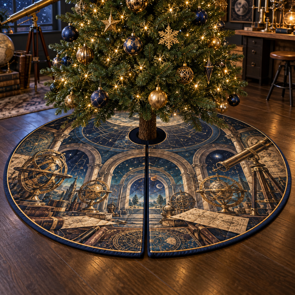 Astronomical Instruments Hobby Studio Tree Skirt with flat printed optical 3D armillary spheres astrolabes and telescope optics through observatory arches in aged brass navy parchment and teal