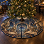 Astronomical Instruments Hobby Studio Tree Skirt with flat printed optical 3D armillary spheres astrolabes and telescope optics through observatory arches in aged brass navy parchment and teal