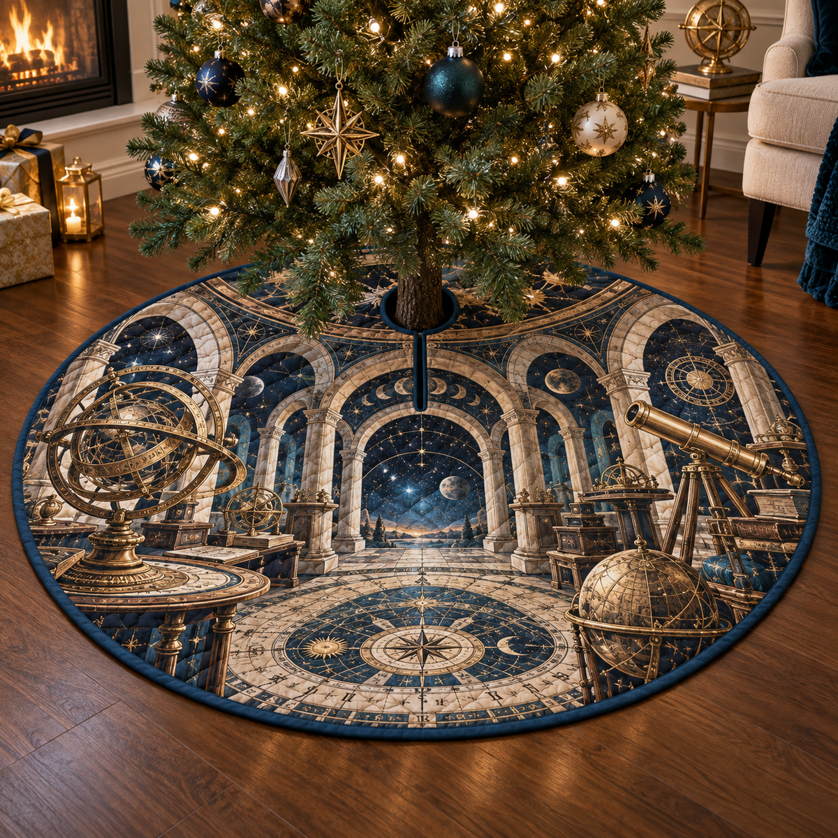 Astronomical Instruments Host Gift Tree Skirt with flat printed optical 3D armillary spheres astrolabes and telescope optics through observatory arches in aged brass navy parchment and teal