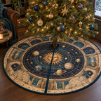 Vintage Solar System Reading Nook Tree Skirt with flat printed optical 3D antique sun engraved planets and orbital rings through observatory arches in brass navy sepia and teal