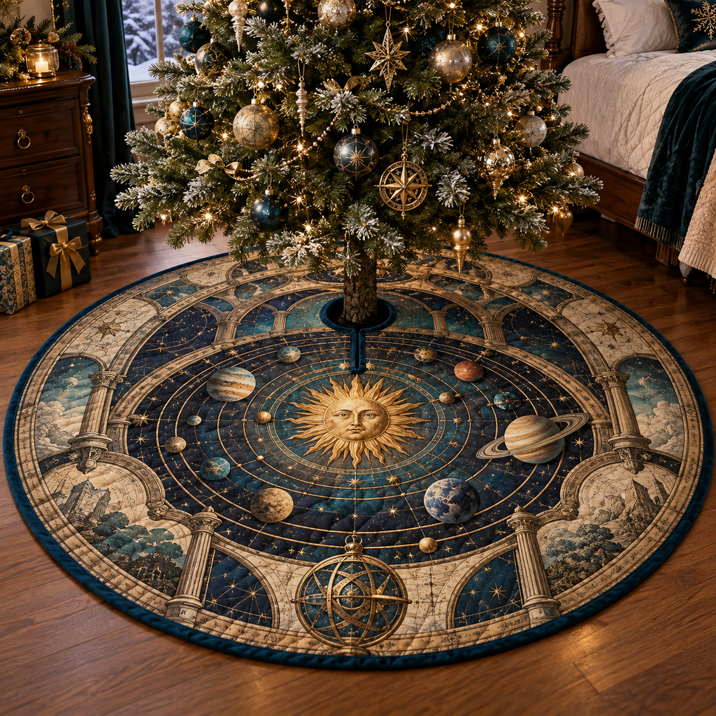Vintage Solar System Bedroom Statement Tree Skirt with flat printed optical 3D antique sun engraved planets and orbital rings through observatory arches in brass navy sepia and teal