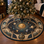Vintage Solar System Bedroom Statement Tree Skirt with flat printed optical 3D antique sun engraved planets and orbital rings through observatory arches in brass navy sepia and teal