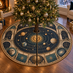 Vintage Solar System Living Room Tree Skirt with flat printed optical 3D antique sun engraved planets and orbital rings through observatory arches in brass navy sepia and teal