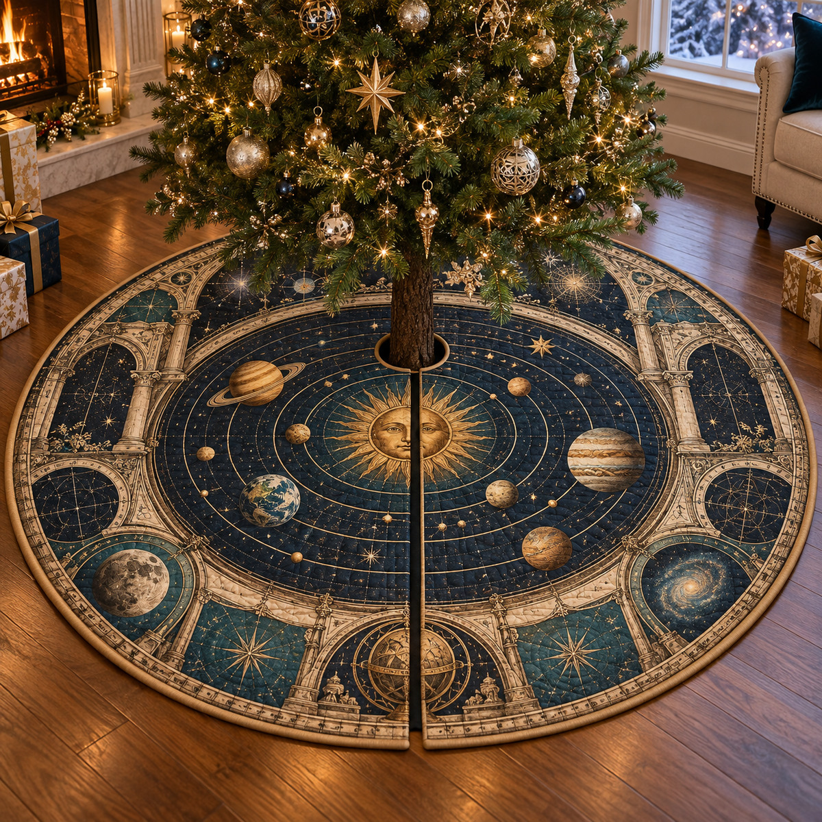 Vintage Solar System Living Room Tree Skirt with flat printed optical 3D antique sun engraved planets and orbital rings through observatory arches in brass navy sepia and teal