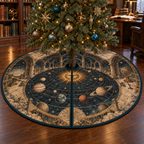 Vintage Solar System Home Office Tree Skirt with flat printed optical 3D antique sun engraved planets and orbital rings through observatory arches in brass navy sepia and teal