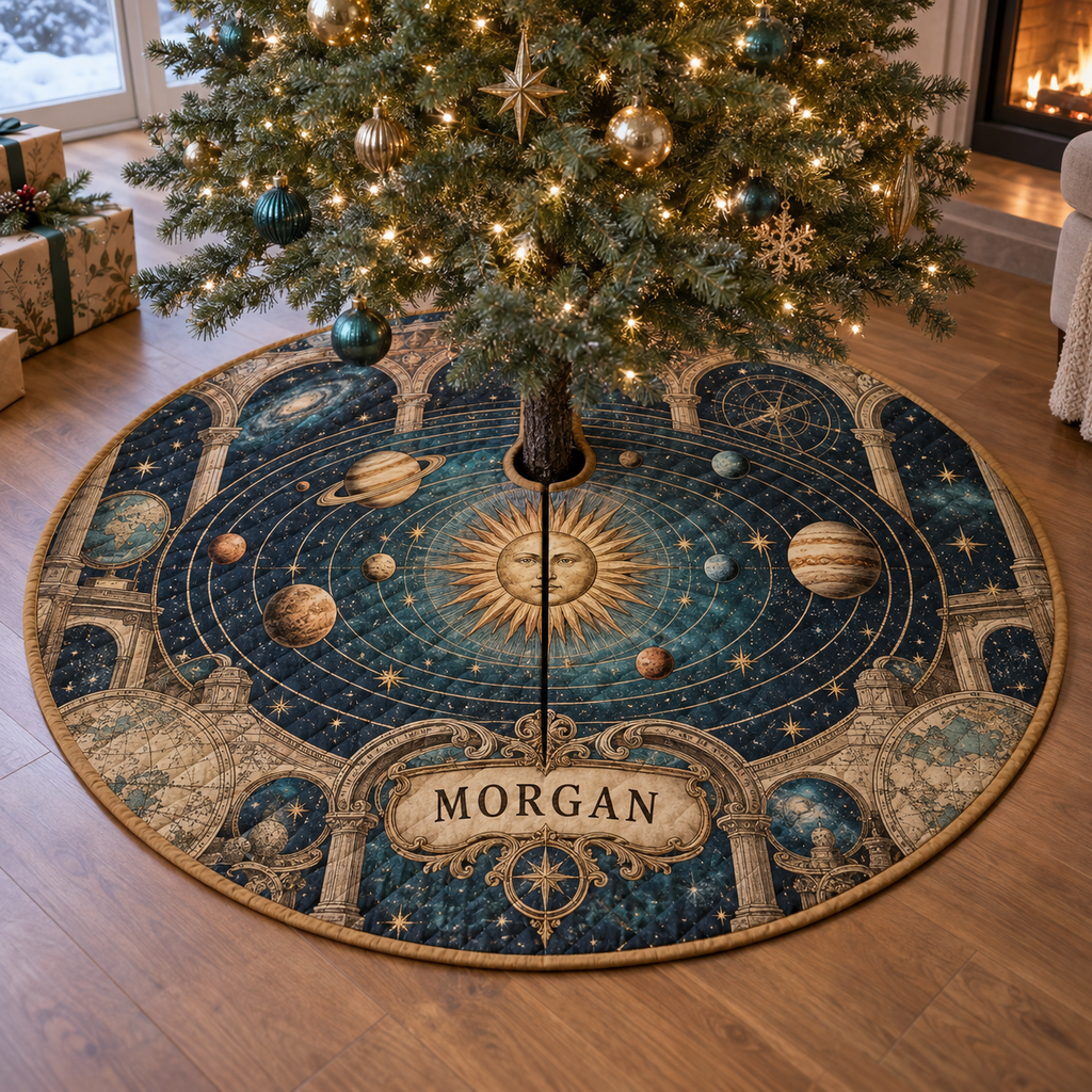 Vintage Solar System Housewarming Tree Skirt with sample family name printed in optical 3D antique sun engraved planets and orbital rings through observatory arches