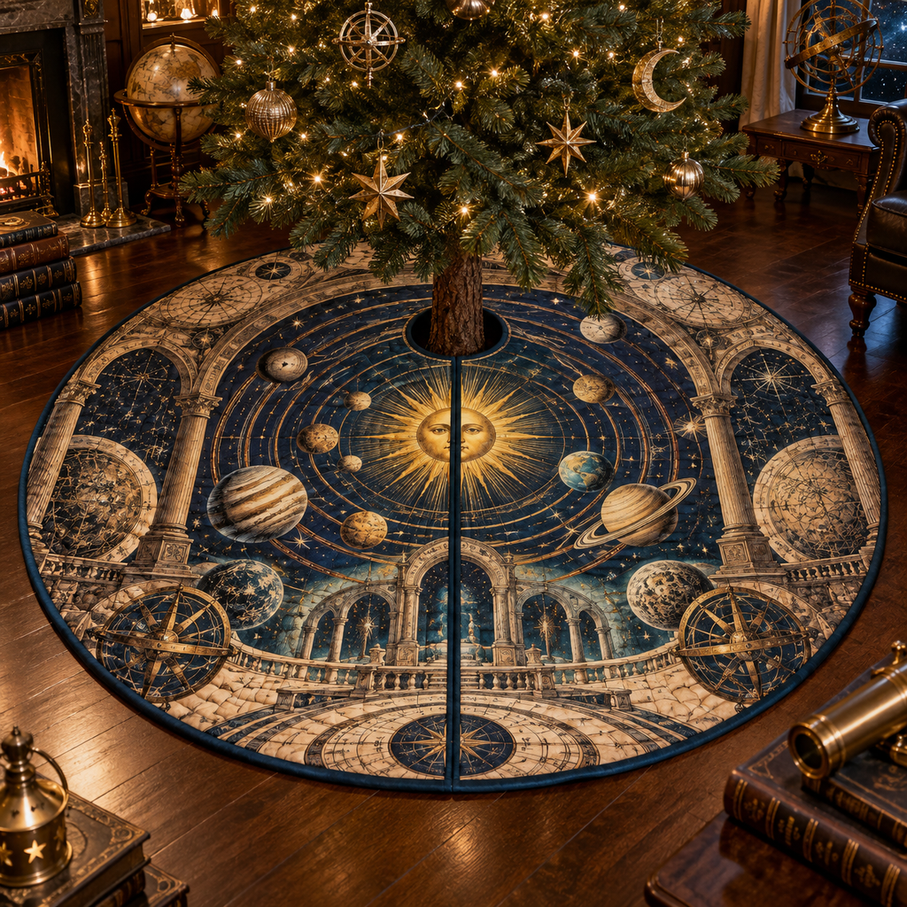 Vintage Solar System Collector Tree Skirt with flat printed optical 3D antique sun engraved planets and orbital rings through observatory arches in brass navy sepia and teal