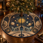 Vintage Solar System Collector Tree Skirt with flat printed optical 3D antique sun engraved planets and orbital rings through observatory arches in brass navy sepia and teal