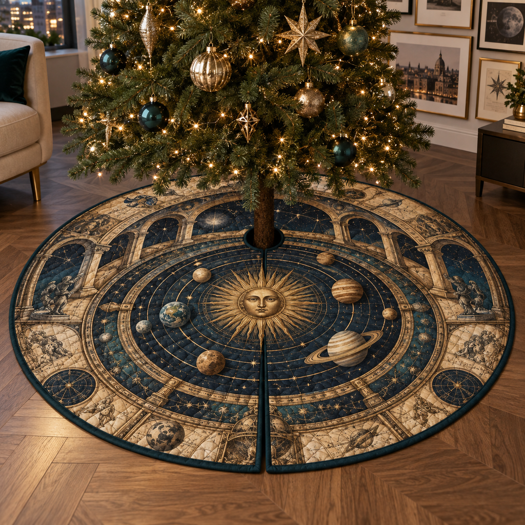Vintage Solar System Apartment Gallery Tree Skirt with flat printed optical 3D antique sun engraved planets and orbital rings through observatory arches in brass navy sepia and teal