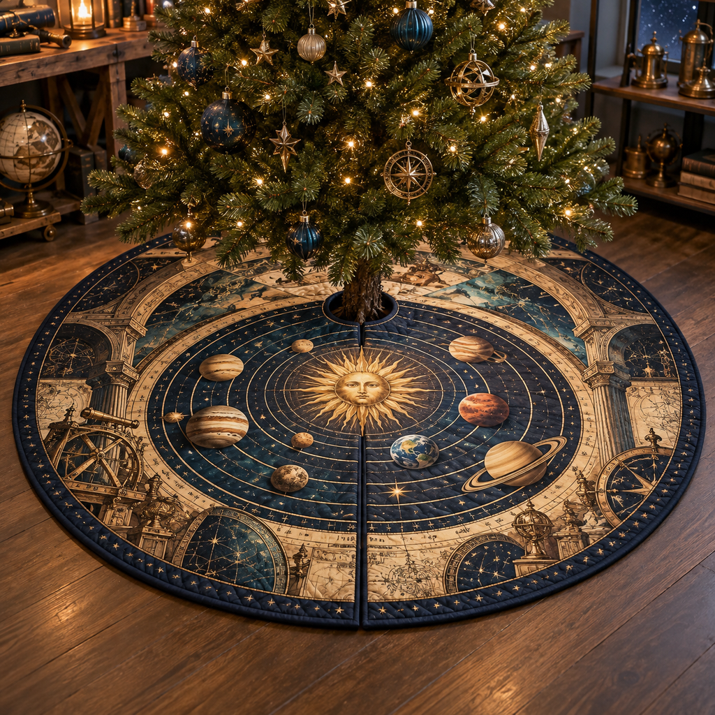 Vintage Solar System Hobby Studio Tree Skirt with flat printed optical 3D antique sun engraved planets and orbital rings through observatory arches in brass navy sepia and teal