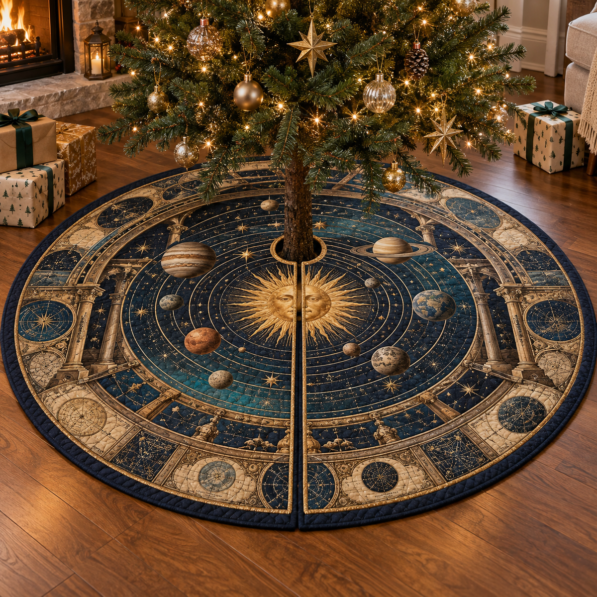 Vintage Solar System Host Gift Tree Skirt with flat printed optical 3D antique sun engraved planets and orbital rings through observatory arches in brass navy sepia and teal