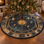 Vintage Solar System Host Gift Tree Skirt with flat printed optical 3D antique sun engraved planets and orbital rings through observatory arches in brass navy sepia and teal