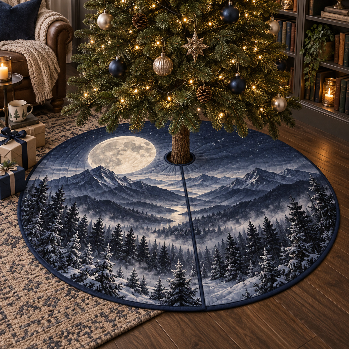 Moon Mountain Landscape Reading Nook Tree Skirt with flat printed optical 3D moonlit mountain ridges, alpine valley and silver pines in indigo, pewter and ivory