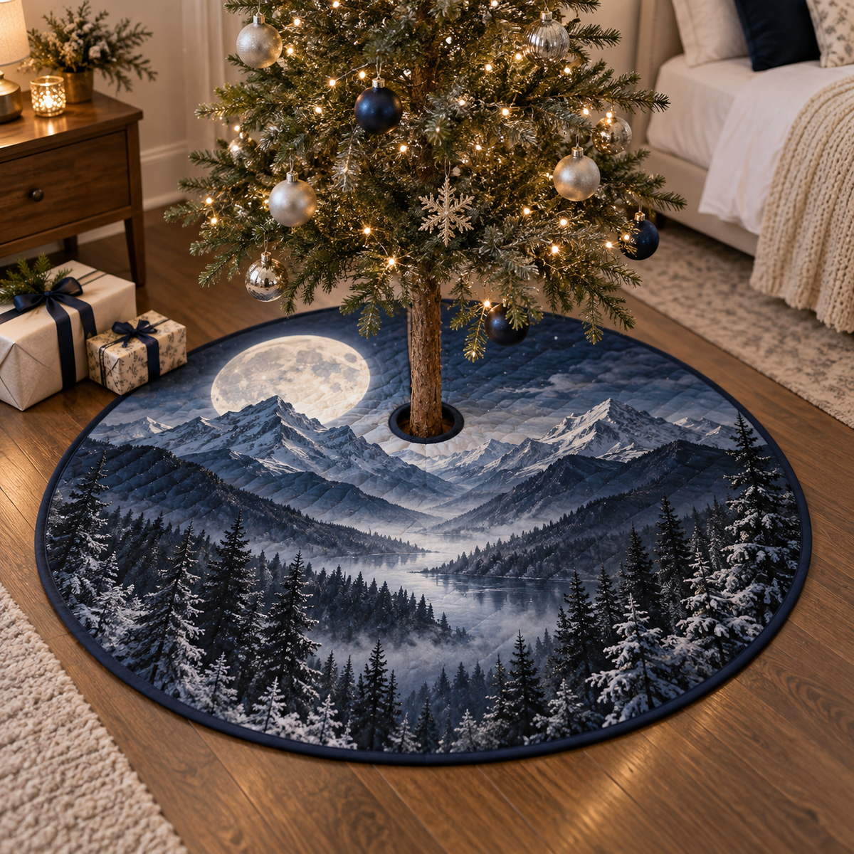 Moon Mountain Landscape Bedroom Decor Tree Skirt with flat printed optical 3D moonlit mountain ridges, alpine valley and silver pines in indigo, pewter and ivory