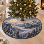 Moon Mountain Landscape Living Room Tree Skirt with flat printed optical 3D moonlit mountain ridges, alpine valley and silver pines in indigo, pewter and ivory