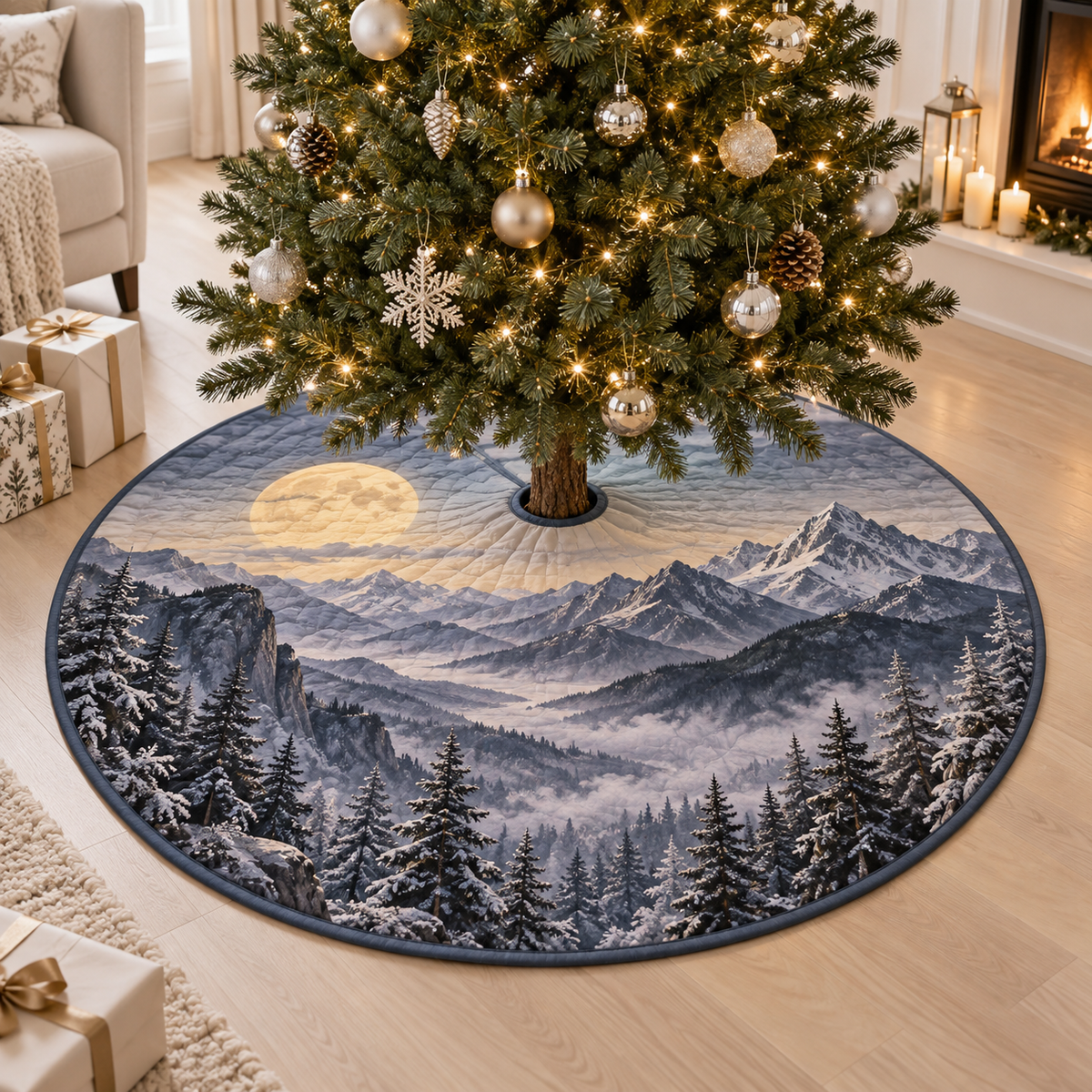 Moon Mountain Landscape Living Room Tree Skirt with flat printed optical 3D moonlit mountain ridges, alpine valley and silver pines in indigo, pewter and ivory