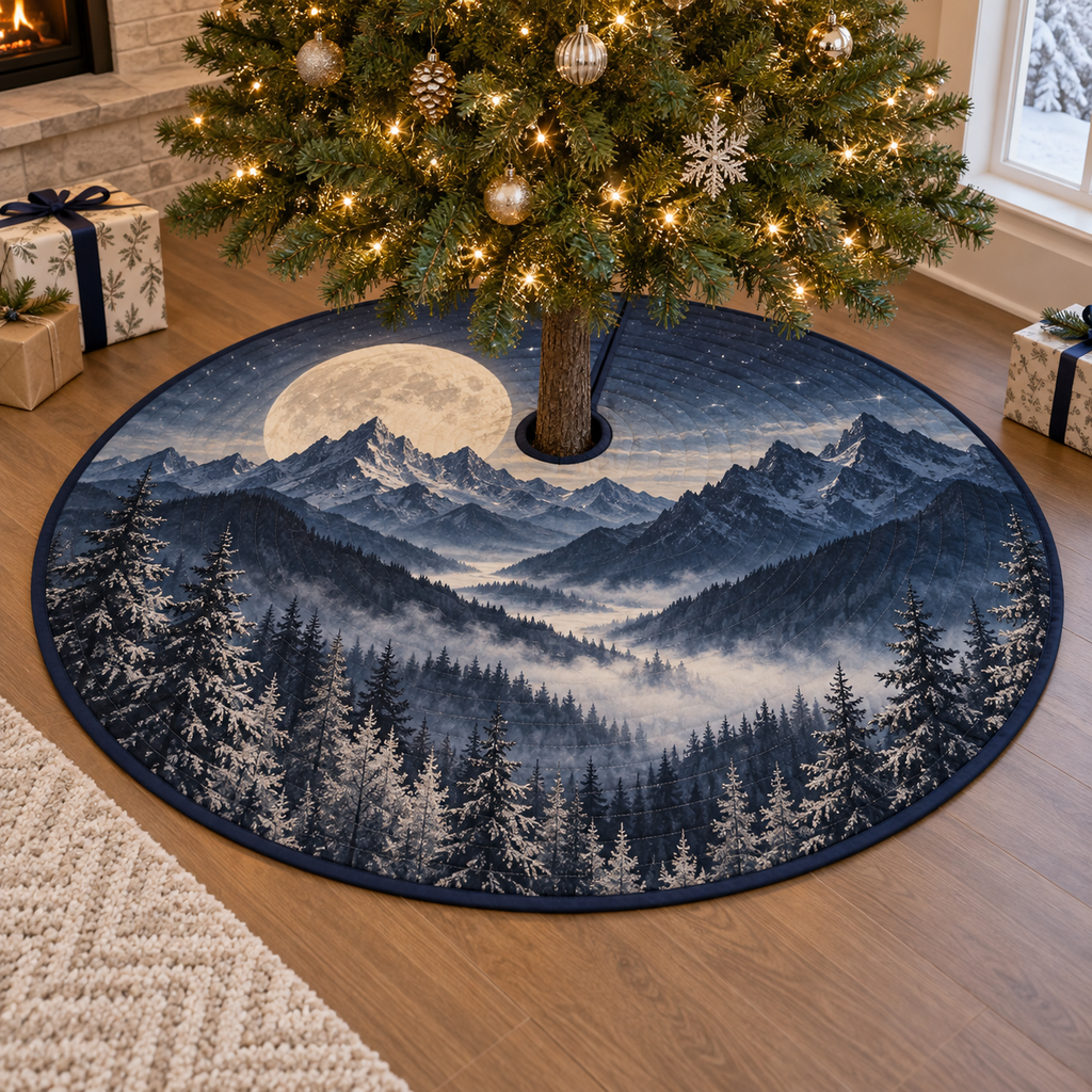 Moon Mountain Housewarming Tree Skirt with flat printed optical 3D moonlit alpine ridges, valley and silver pines in a housewarming setting; personalization preview has no name shown