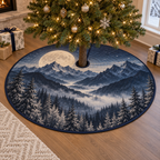 Moon Mountain Housewarming Tree Skirt with flat printed optical 3D moonlit alpine ridges, valley and silver pines in a housewarming setting; personalization preview has no name shown