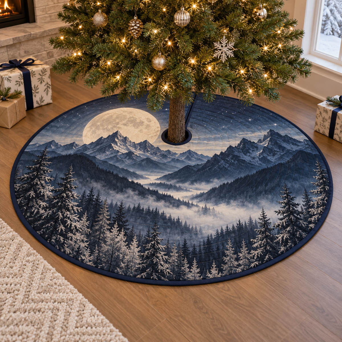 Moon Mountain Housewarming Tree Skirt with flat printed optical 3D moonlit alpine ridges, valley and silver pines in a housewarming setting; personalization preview has no name shown