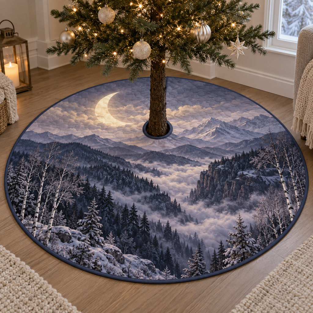 Moon Mountain Quiet Corner Tree Skirt with flat printed optical 3D crescent-lit smoky lavender mountain ridges, cloud valley and silver birches