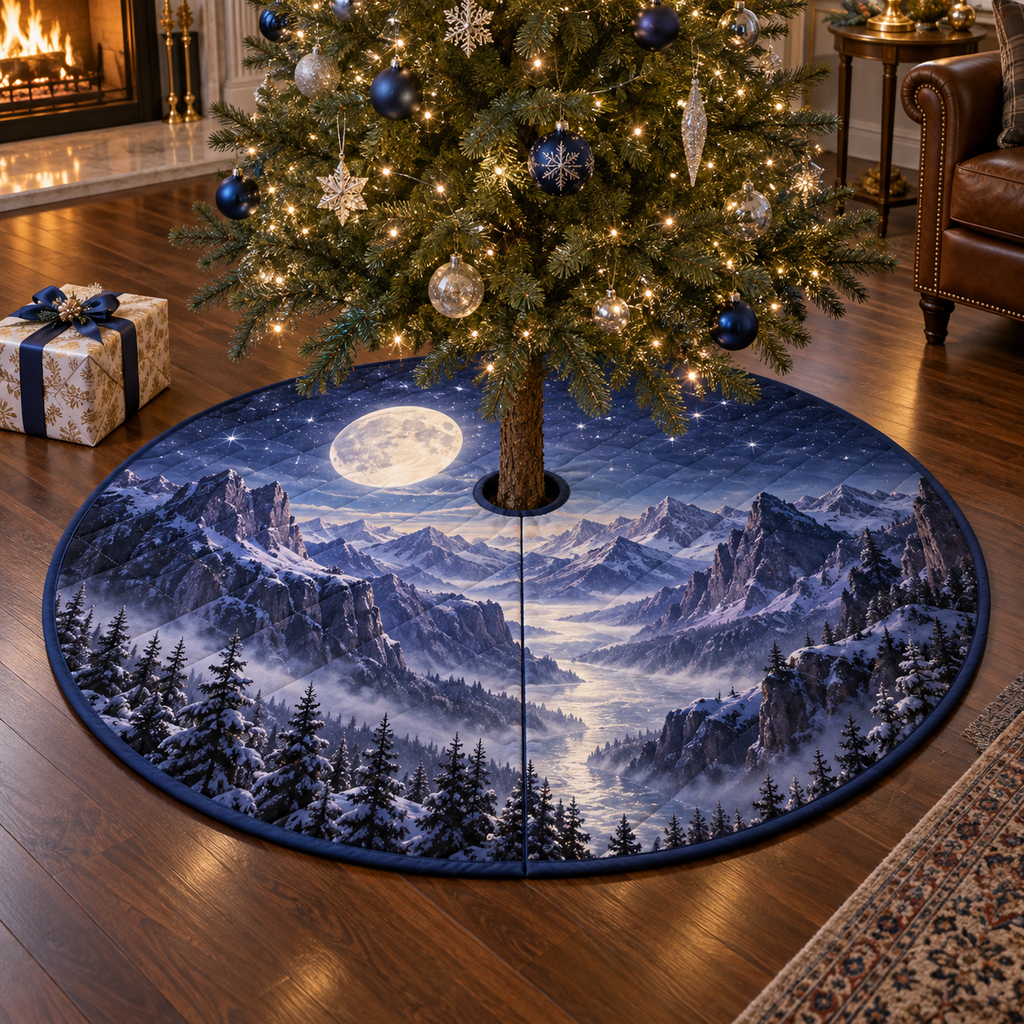Moon Mountain Collector Tree Skirt with flat printed optical 3D pearl moon, cobalt and amethyst cliffs and silver mist gorge