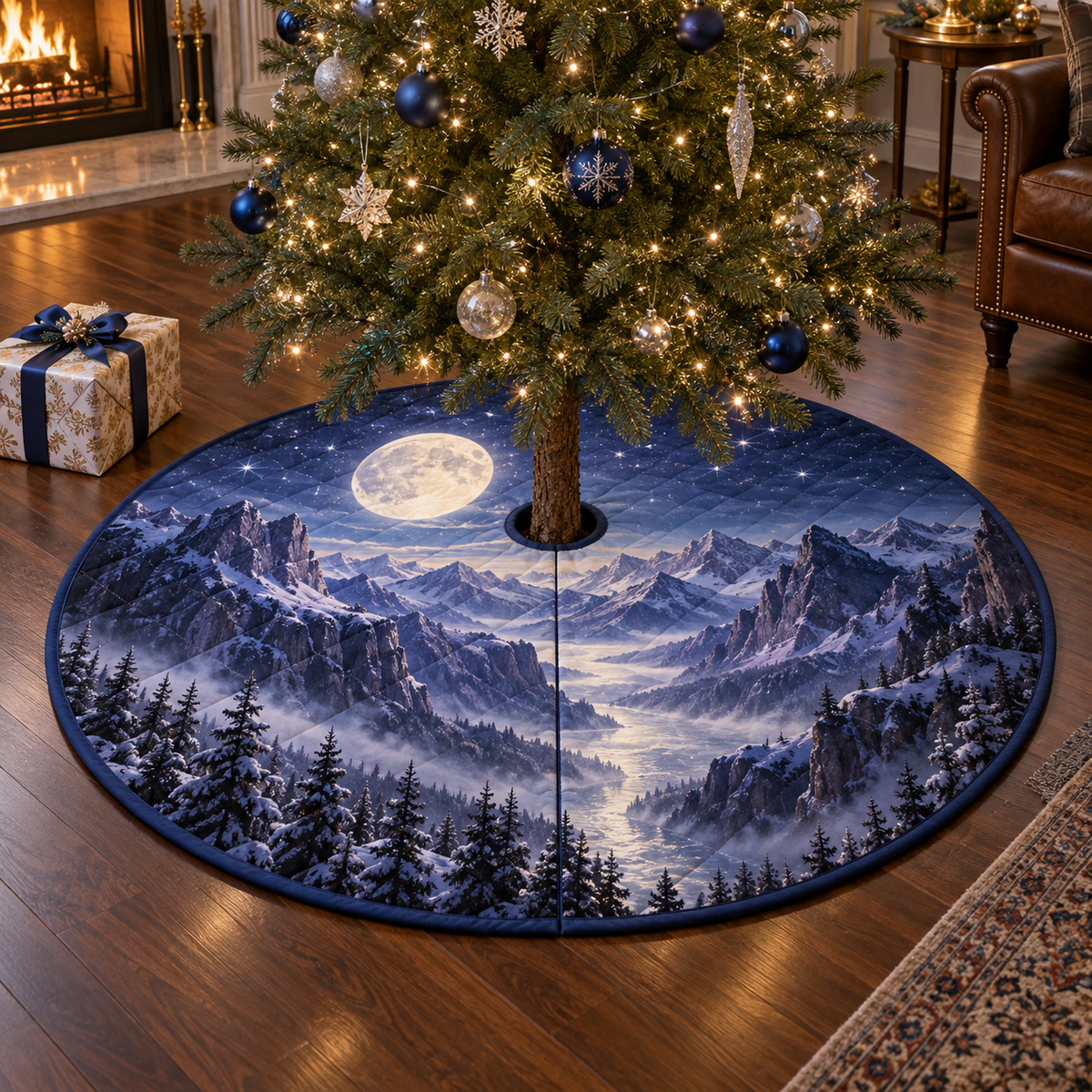 Moon Mountain Collector Tree Skirt with flat printed optical 3D pearl moon, cobalt and amethyst cliffs and silver mist gorge
