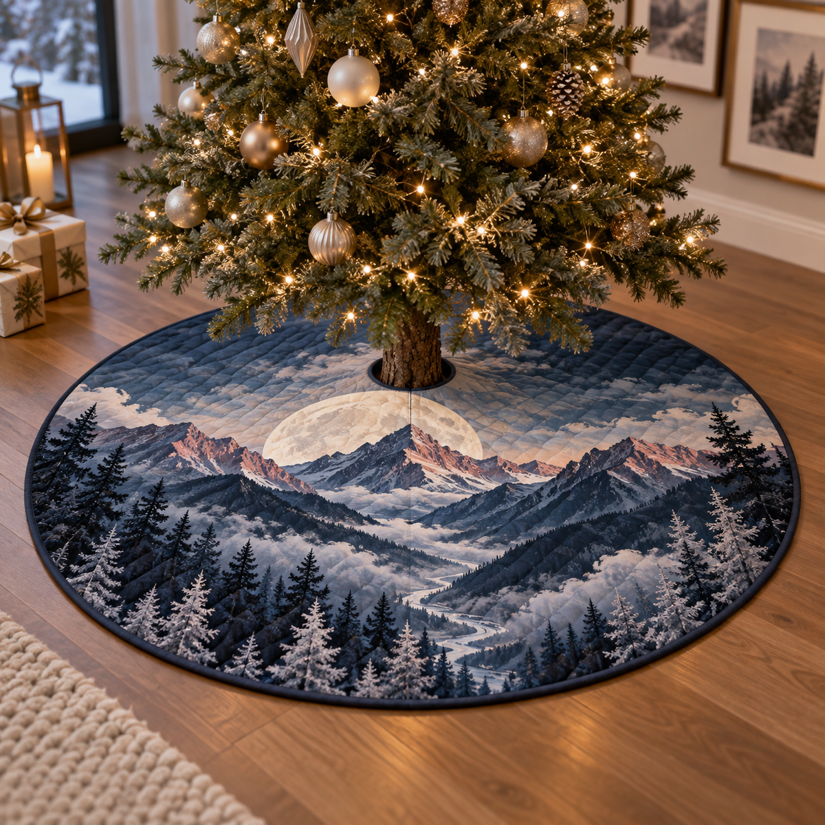 Moon Mountain Apartment Gallery Tree Skirt with flat printed optical 3D ivory moon, ink-blue and dusty rose alpine peaks and silver firs