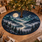 Moon Mountain Hobby Studio Tree Skirt with flat printed optical 3D moonlit jade-teal ridges, silver-mist valley and pines