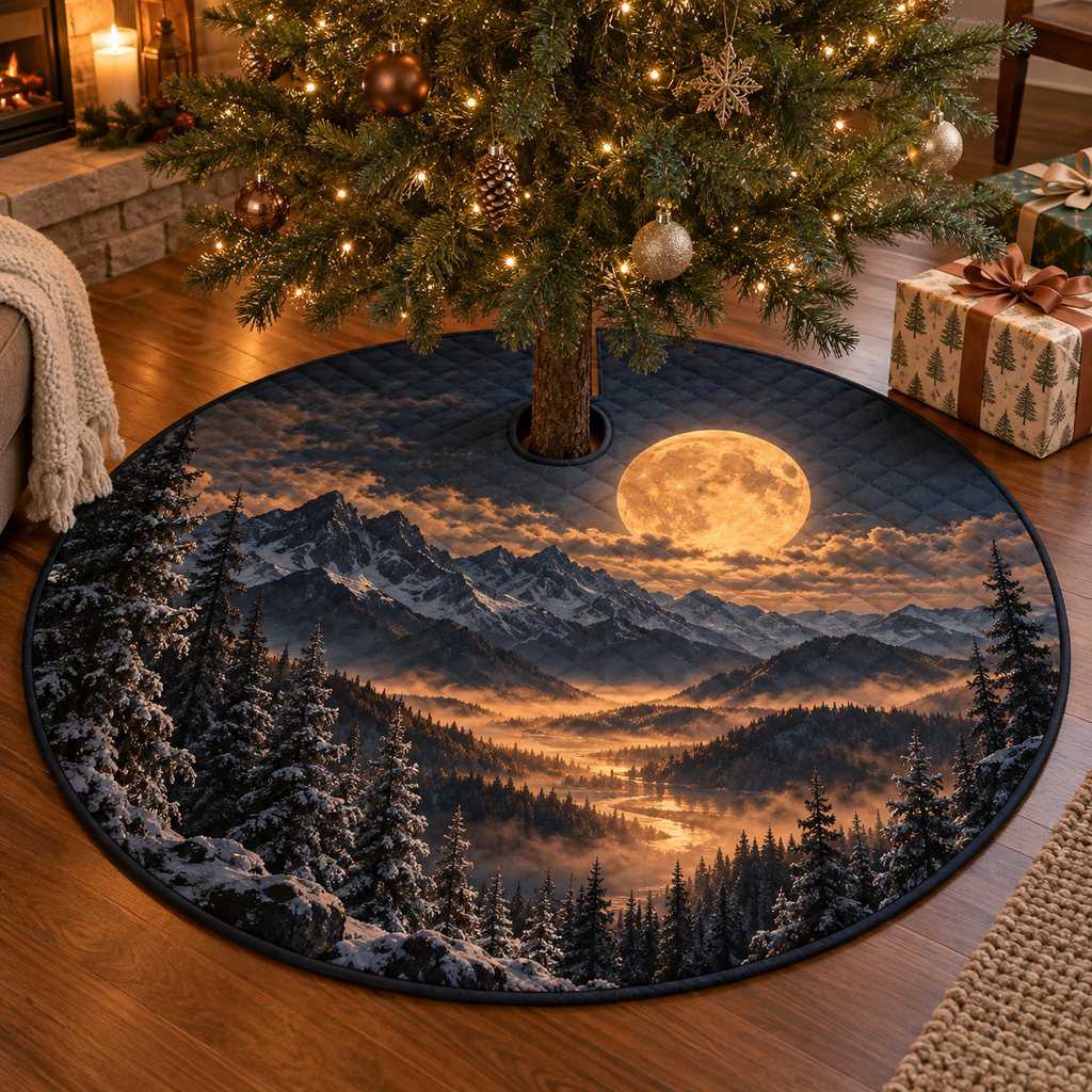 Moon Mountain Host Gift Tree Skirt with flat printed optical 3D amber moon, midnight-blue and graphite ridges and copper mist