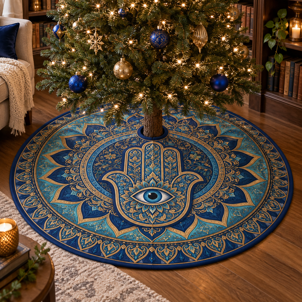 Hamsa Eye Reading Nook Tree Skirt with flat printed optical 3D cobalt turquoise and antique-gold Hamsa hand, sapphire eye and geometric filigree