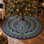 Hamsa Eye Reading Nook Tree Skirt with flat printed optical 3D cobalt turquoise and antique-gold Hamsa hand, sapphire eye and geometric filigree