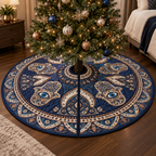 Hamsa Eye Bedroom Decor Tree Skirt with flat printed optical 3D Hamsa hand, lapis-blue eye and indigo copper ivory filigree