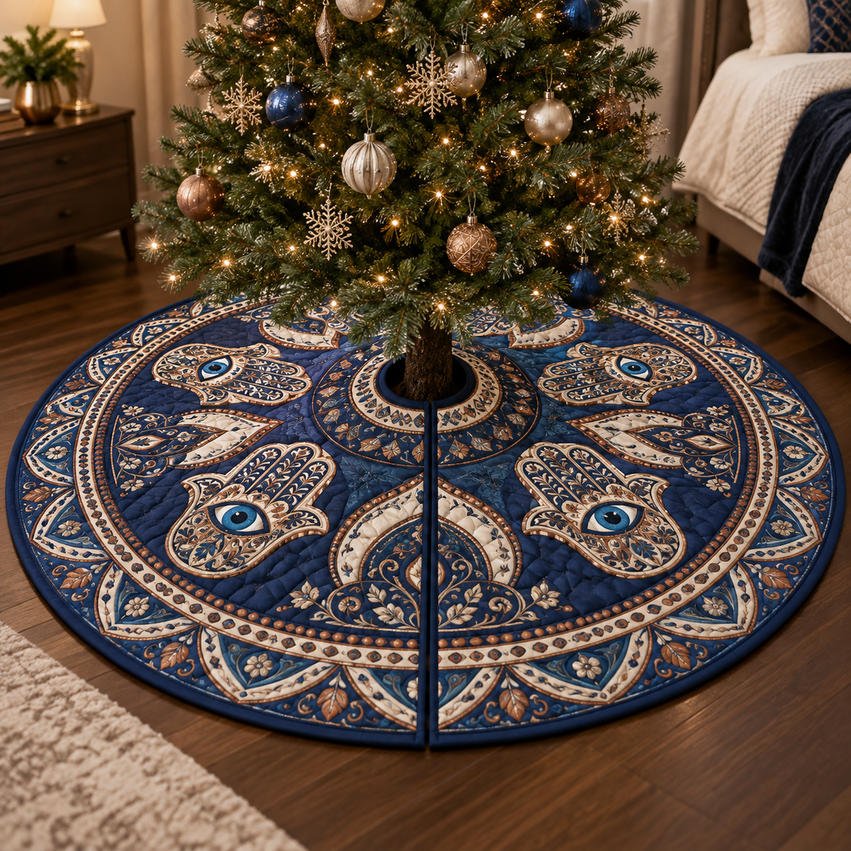 Hamsa Eye Bedroom Decor Tree Skirt with flat printed optical 3D Hamsa hand, lapis-blue eye and indigo copper ivory filigree