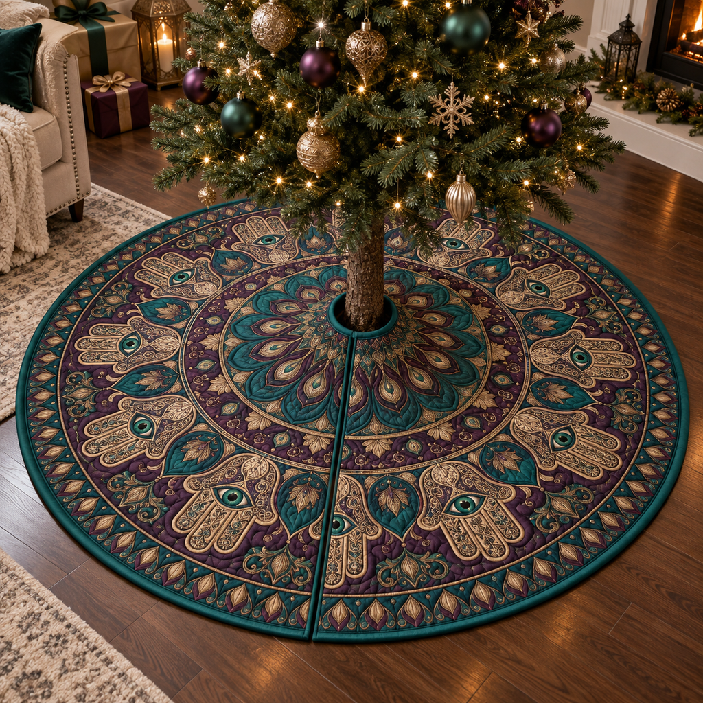 Hamsa Eye Living Room Tree Skirt with flat printed optical 3D Hamsa hand, emerald eye and teal plum bronze filigree
