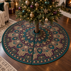Hamsa Eye Living Room Tree Skirt with flat printed optical 3D Hamsa hand, emerald eye and teal plum bronze filigree