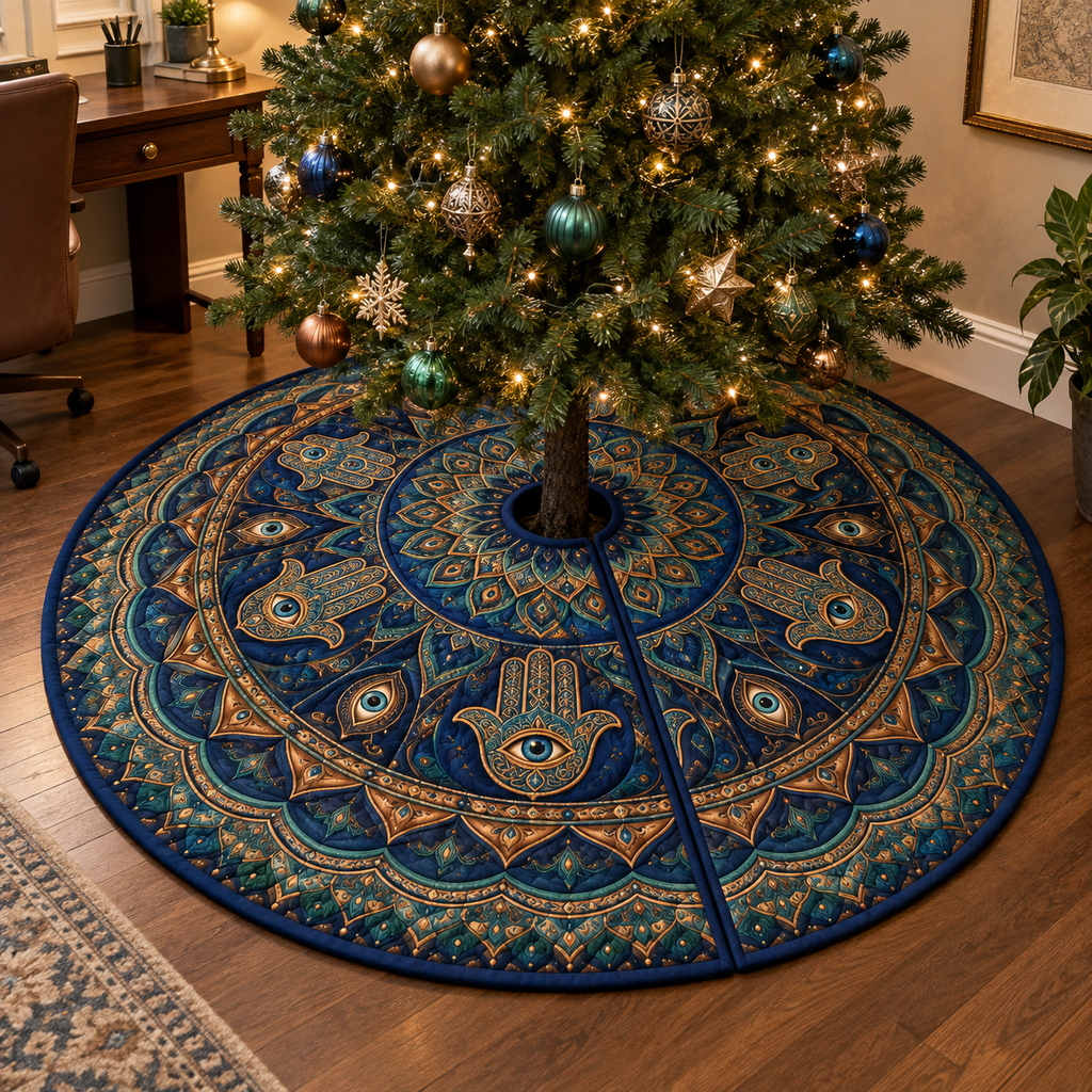 Hamsa Eye Home Office Tree Skirt with flat printed optical 3D Hamsa hand, amber eye and ultramarine jade copper filigree