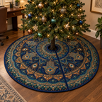 Hamsa Eye Home Office Tree Skirt with flat printed optical 3D Hamsa hand, amber eye and ultramarine jade copper filigree