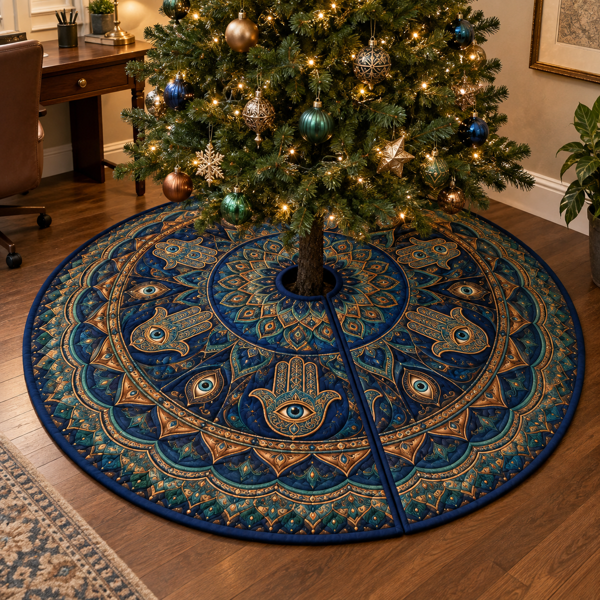 Hamsa Eye Home Office Tree Skirt with flat printed optical 3D Hamsa hand, amber eye and ultramarine jade copper filigree
