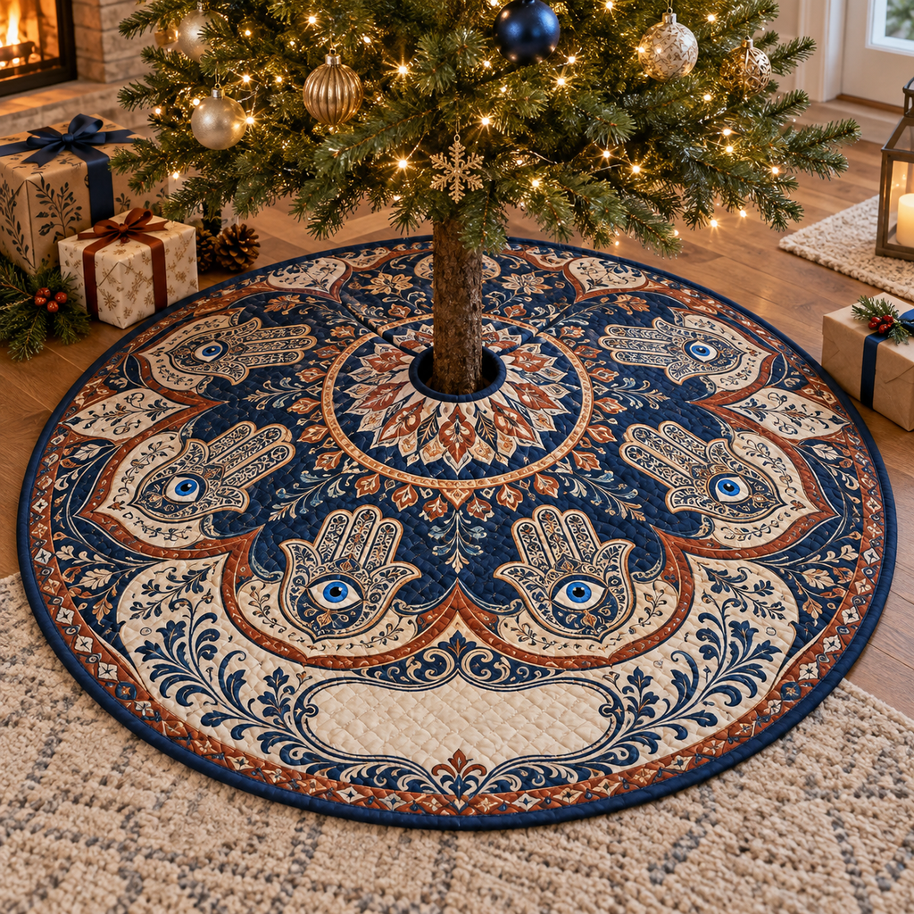 Hamsa Eye Housewarming Tree Skirt with flat printed optical 3D Hamsa hand, sapphire eye and midnight-blue terracotta ivory filigree; no sample name shown