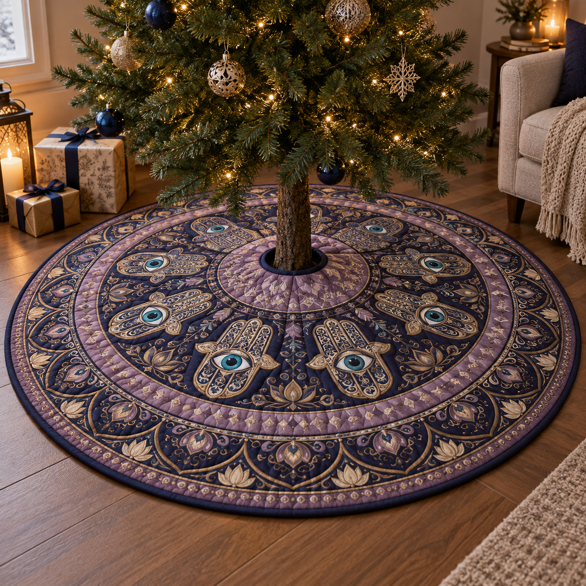 Hamsa Eye Quiet Corner Tree Skirt with flat printed optical 3D Hamsa hand, aquamarine eye and lilac midnight-blue brass mosaic filigree