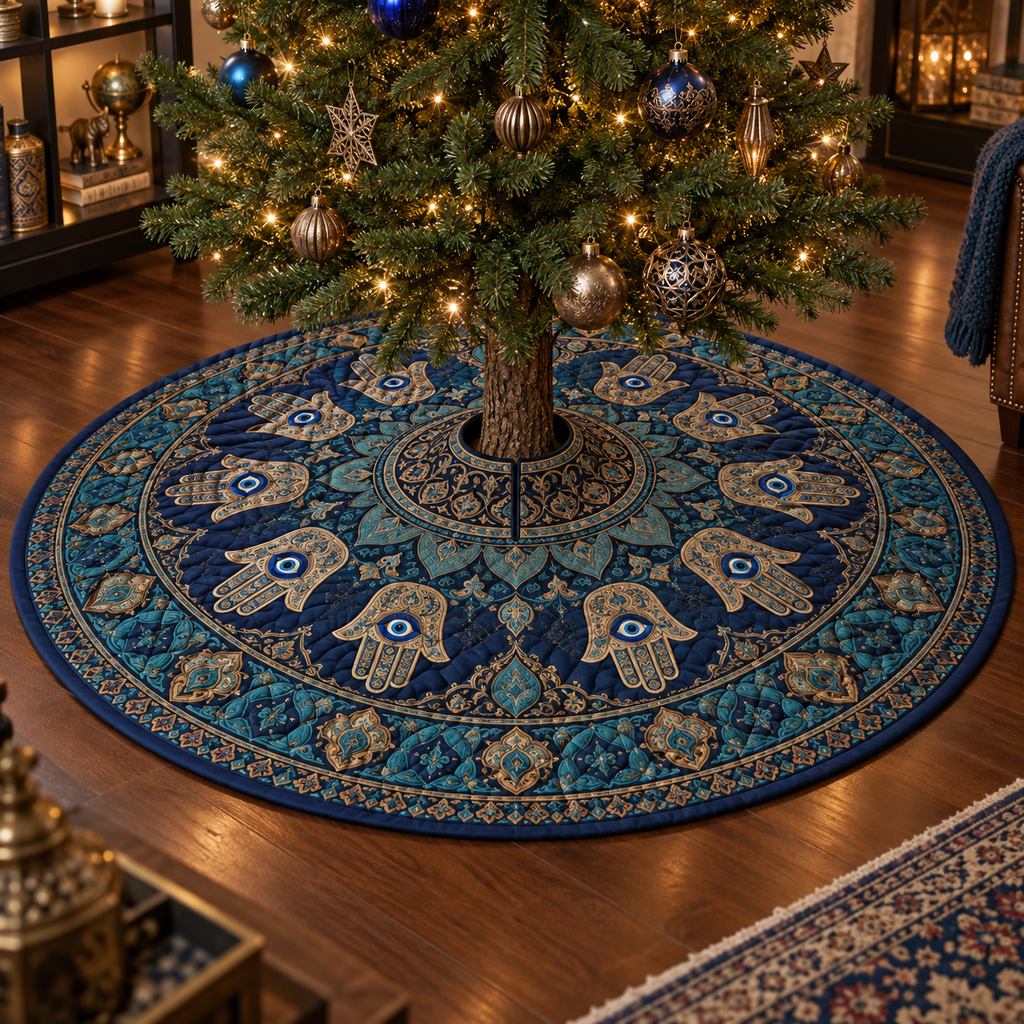 Hamsa Eye Collector Tree Skirt with flat printed optical 3D Hamsa hand, dark sapphire eye and indigo oxidized-teal antique-bronze filigree